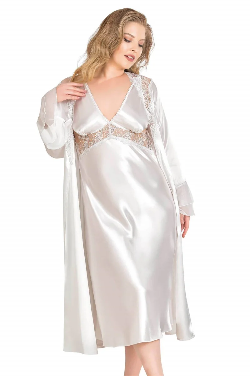 Büyük Beden Ekru Uzun İkili Saten Sabahlık Gecelik Takımı