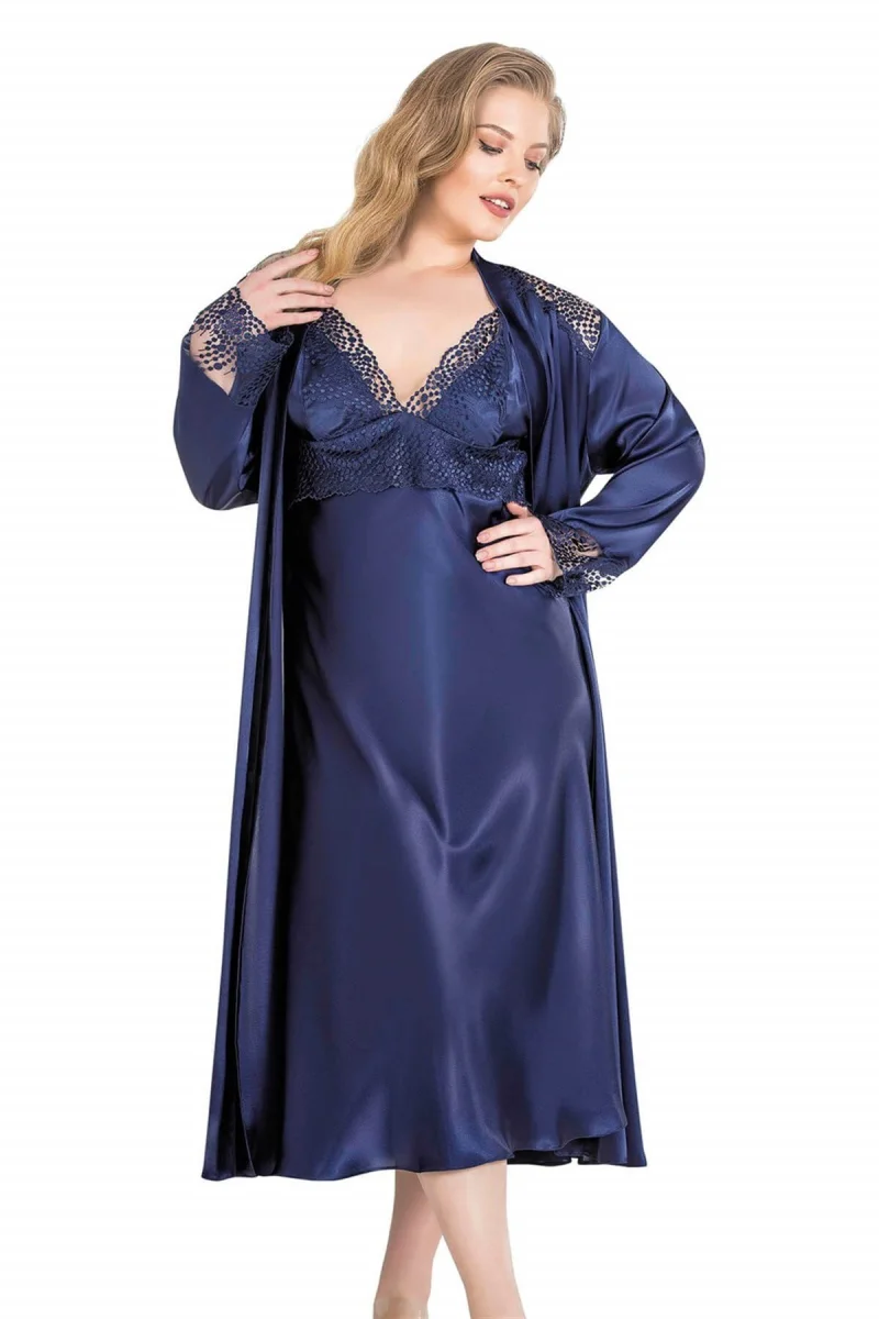 Büyük Beden Lacivert Uzun İkili Saten Sabahlık Gecelik Takımı