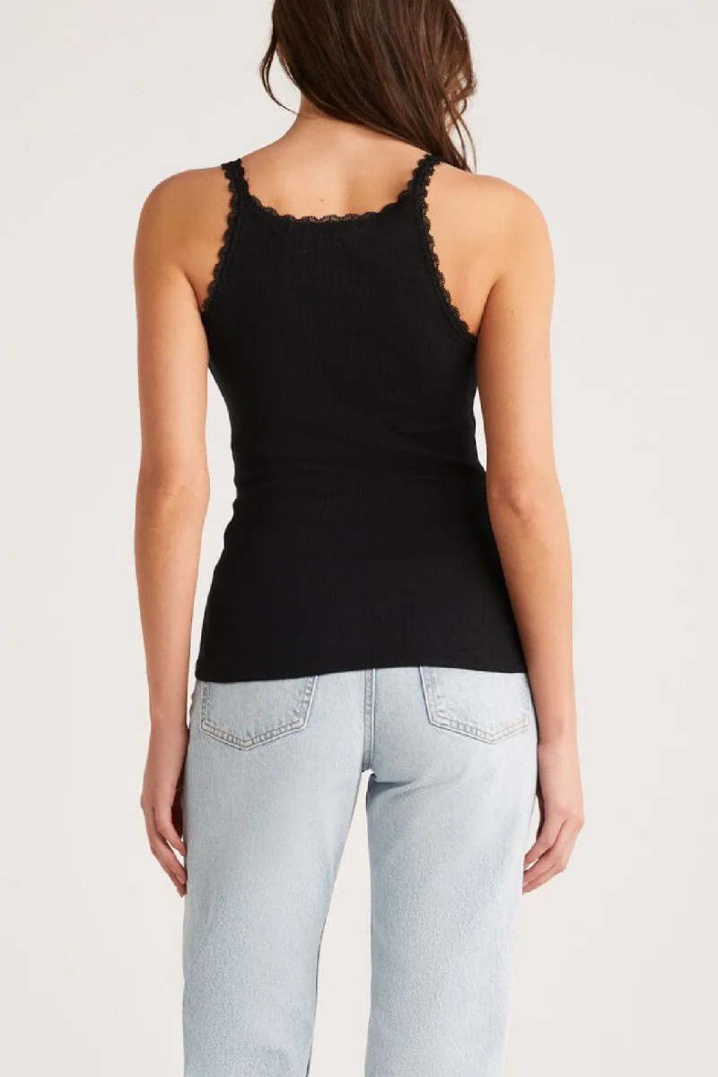 Kadın Siyah Normal Kalıp Dantel Detalı Ince Askılı Oyuk Yaka Atlet