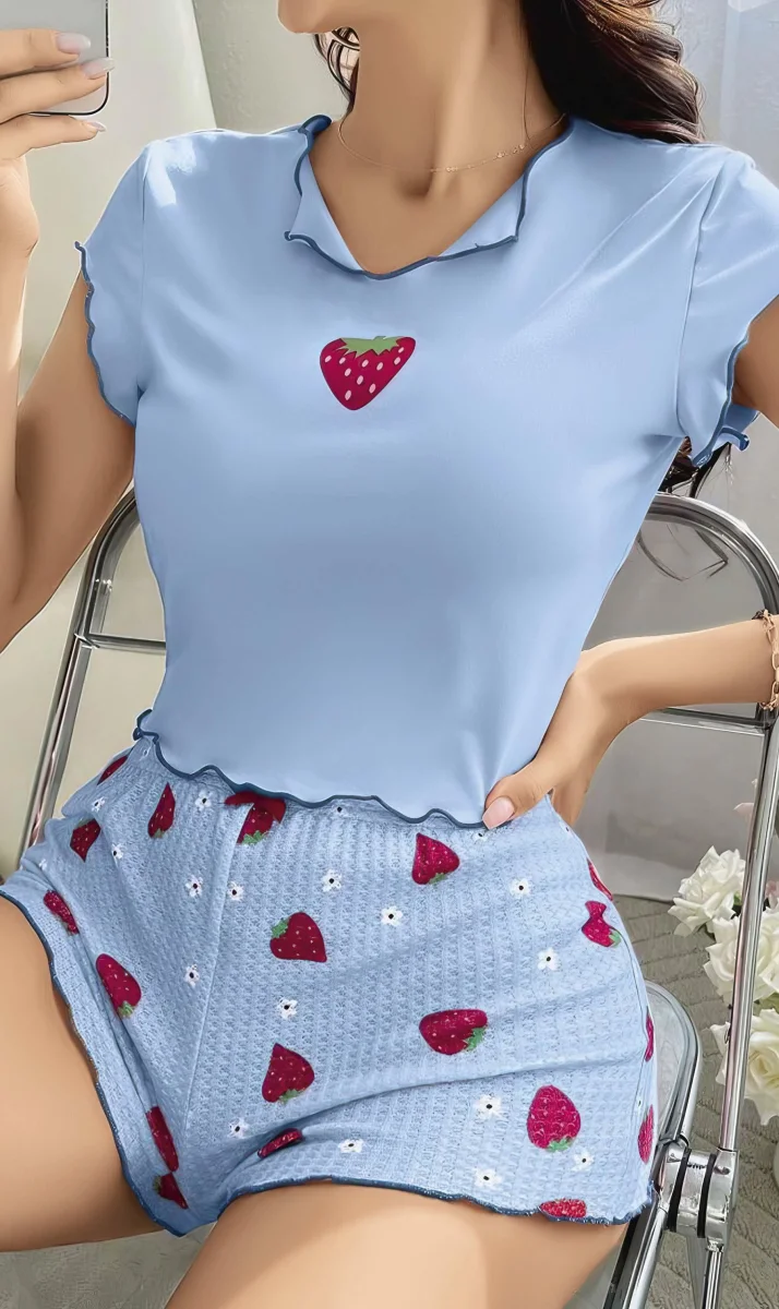 Kadın Çilek Desenli Bebe Mavi Seksi Gecelik Takım 6638