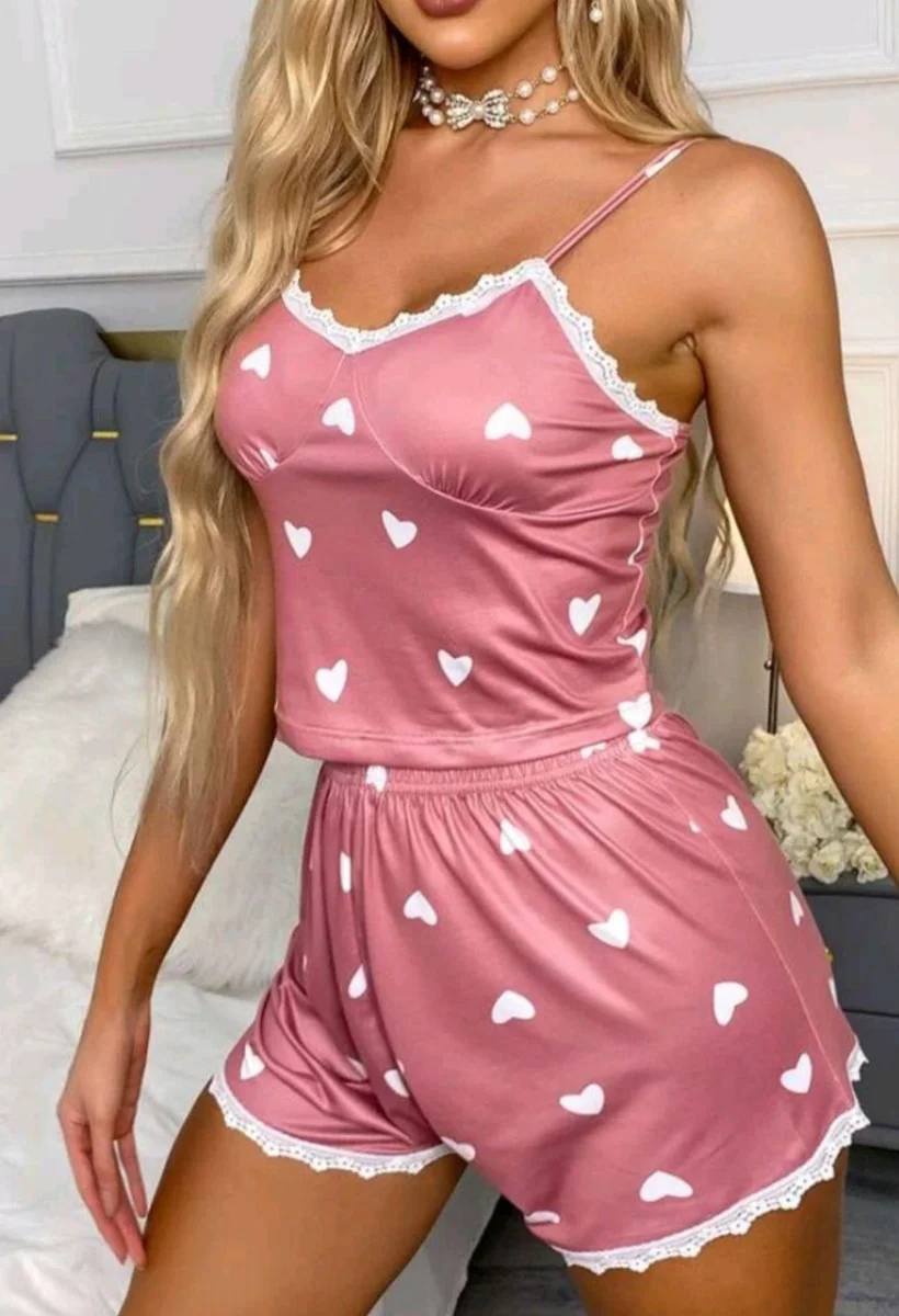 Kadın Pudra Kalp Desenli Seksi Gecelik Takım 6641