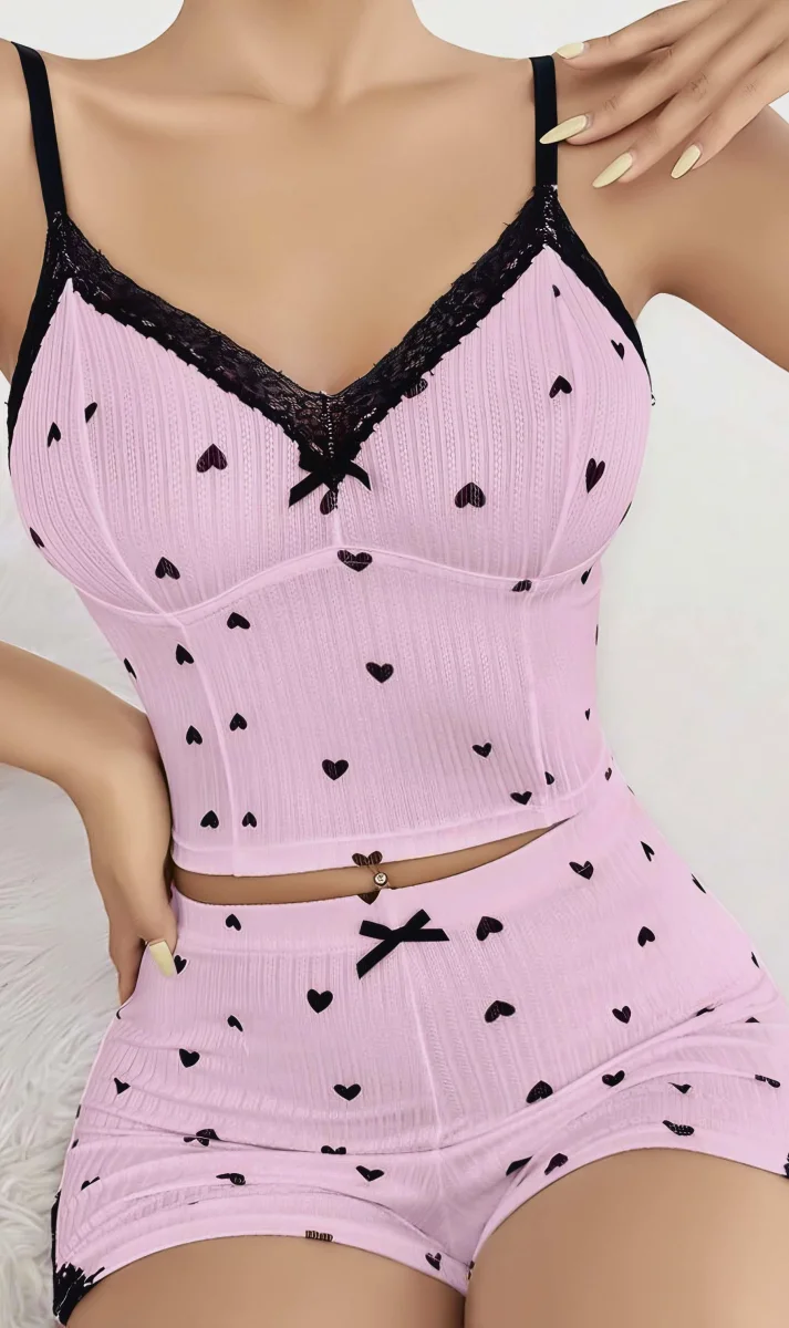 Kadın Pembe Kalp Desenli Askılı Şortlu Pijama Takım 6647