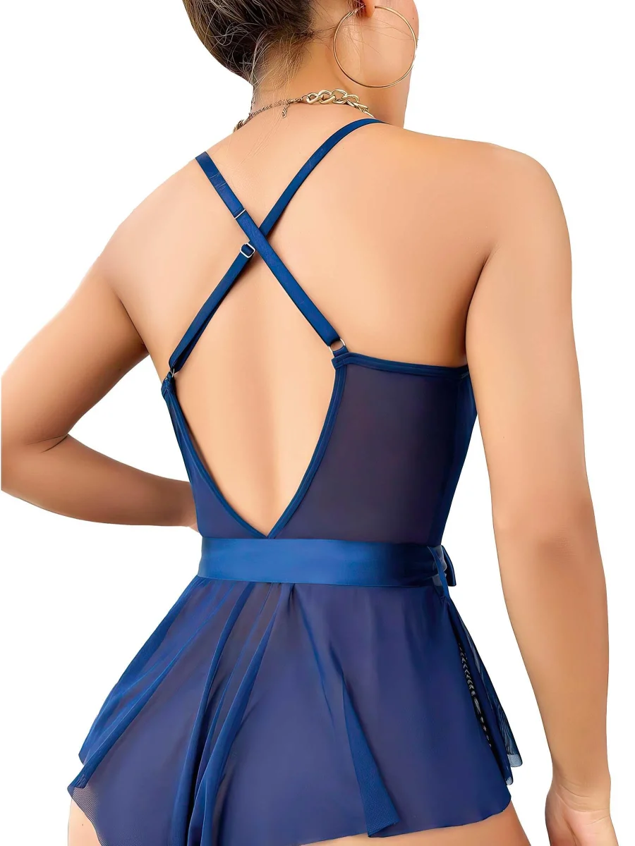 Mavi Dantel İşlemeli Kurdelalı Fantezi Tül Babydoll