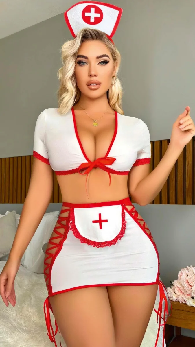 Beyaz Kenarları İp Detaylı Fantezi Hemşire Kostüm