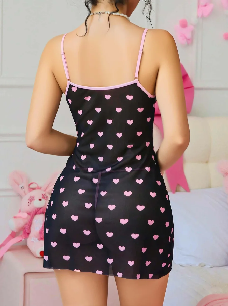 Siyah Kalp Desenli Dantel İşlemeli Fantezi Gecelik