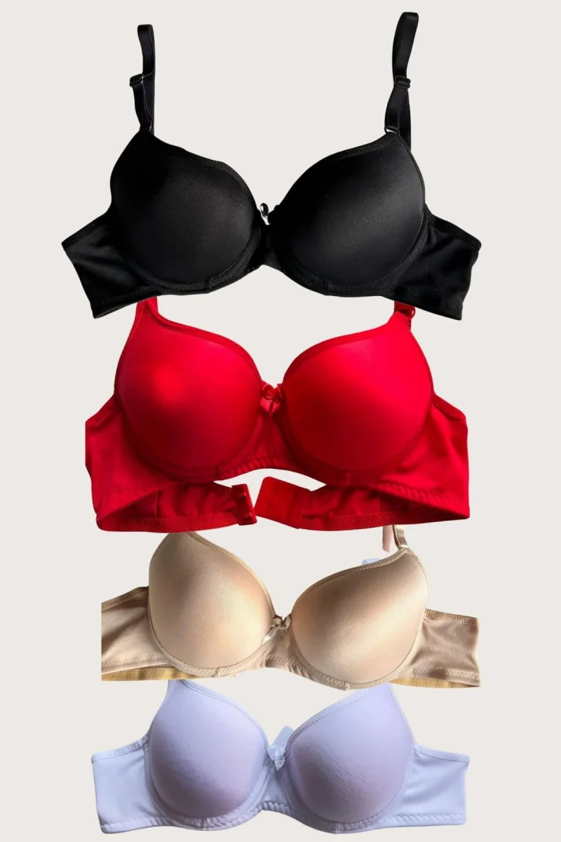 Siyah-beyaz-kırmızı-ten 4'lü Dolgulu Push Up Micro Balenli Günlük Tek Destekli Sütyen