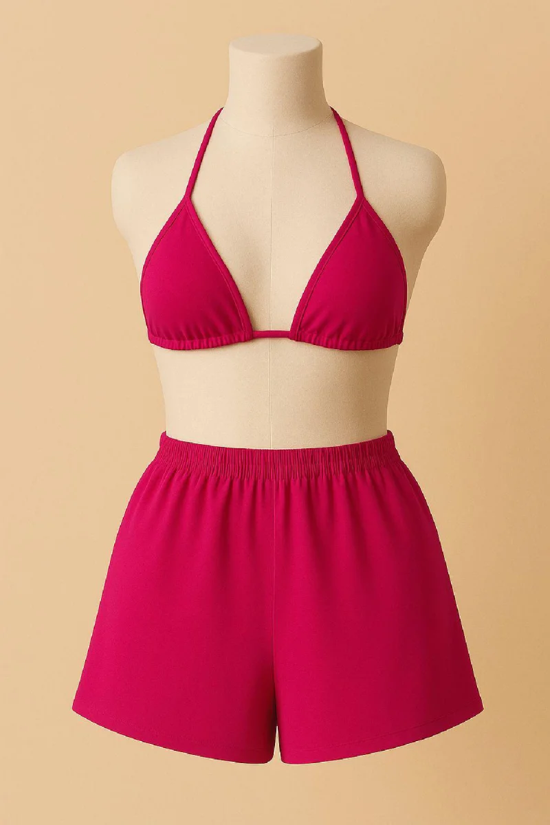 Kadın Fuşya Şortlu Belden Ve Boyundan Bağlamalı Bikini Takımı