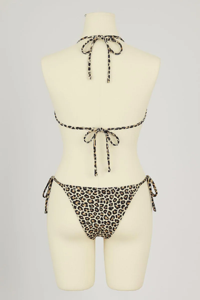 Kadın Siyah Ve Leopar Detaylı Yandan Bağlamalı Bikini Takımı