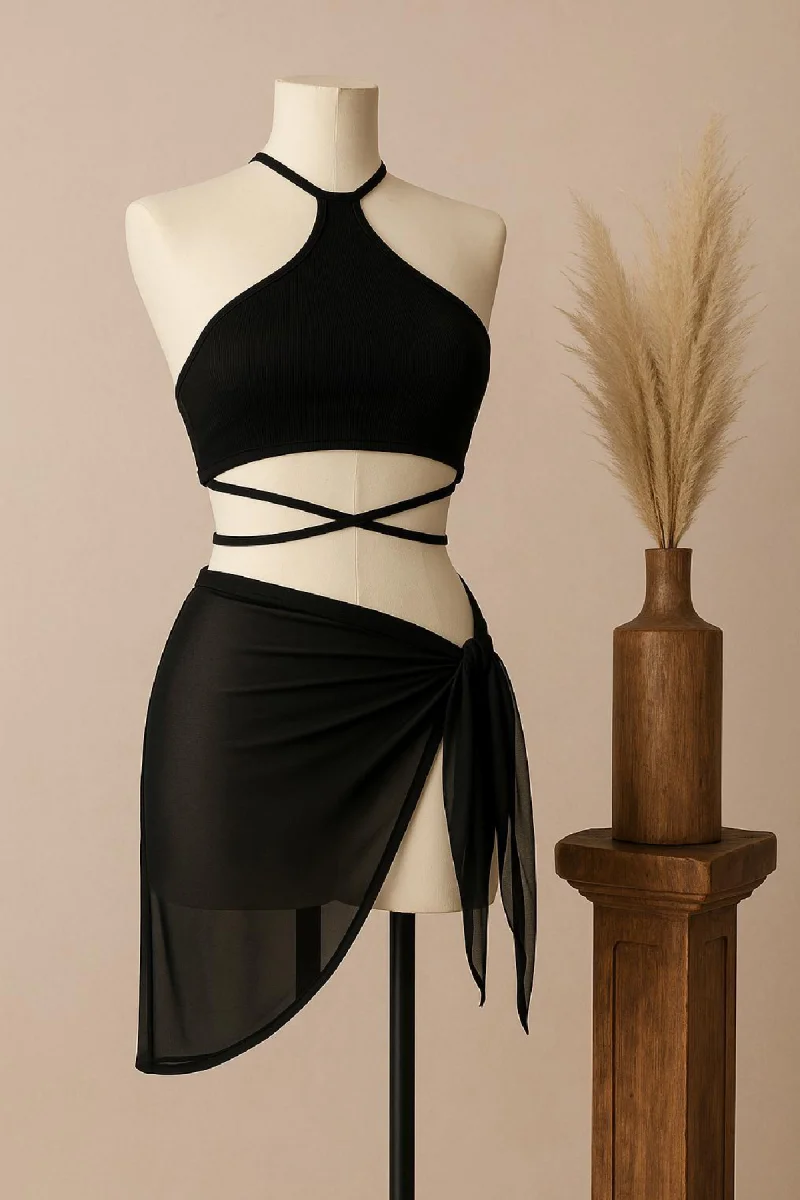 Kadın Siyah Çapraz Bağlamalı Crop Ve Pareo 2'li Set