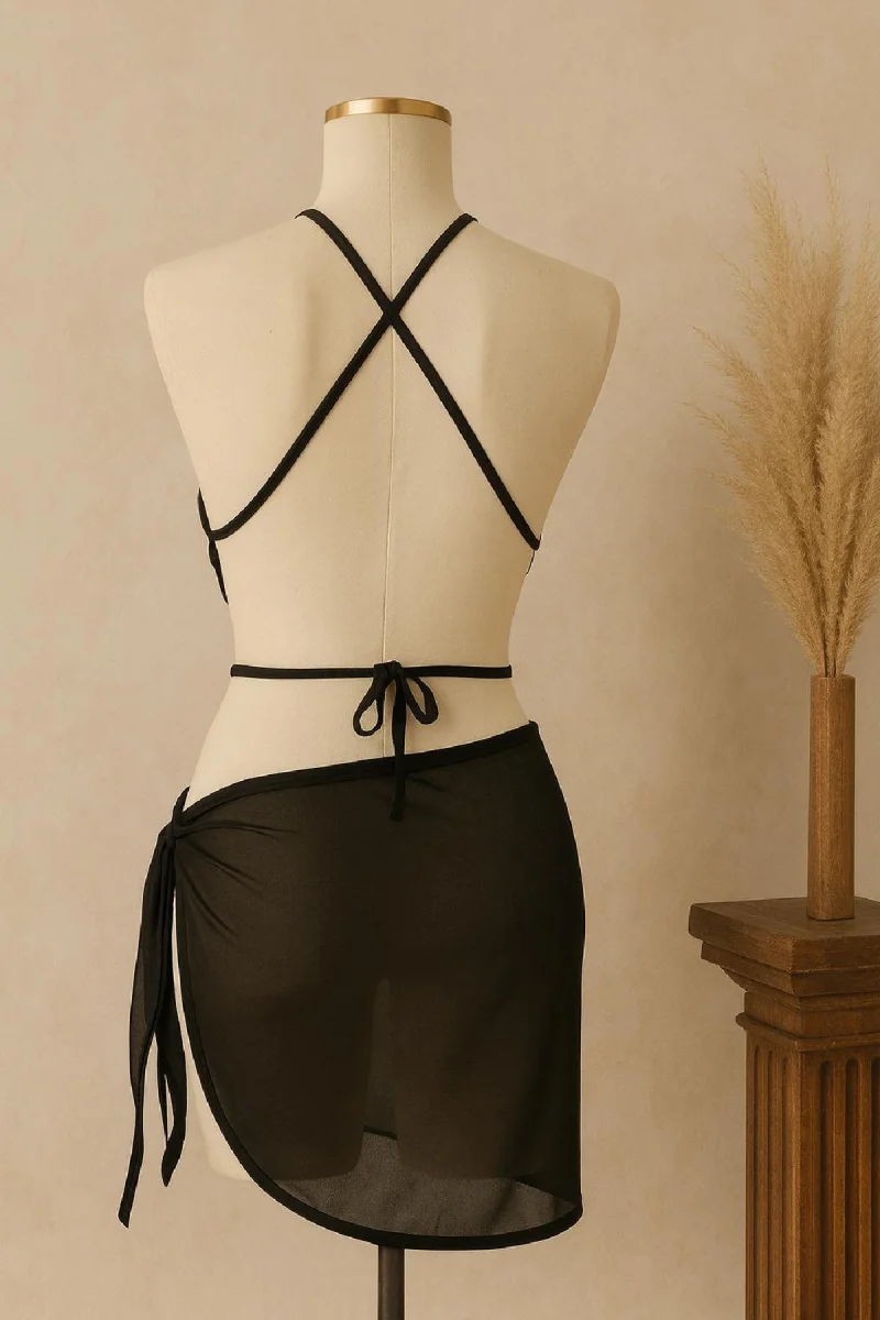 Kadın Siyah Çapraz Bağlamalı Crop Ve Pareo 2'li Set