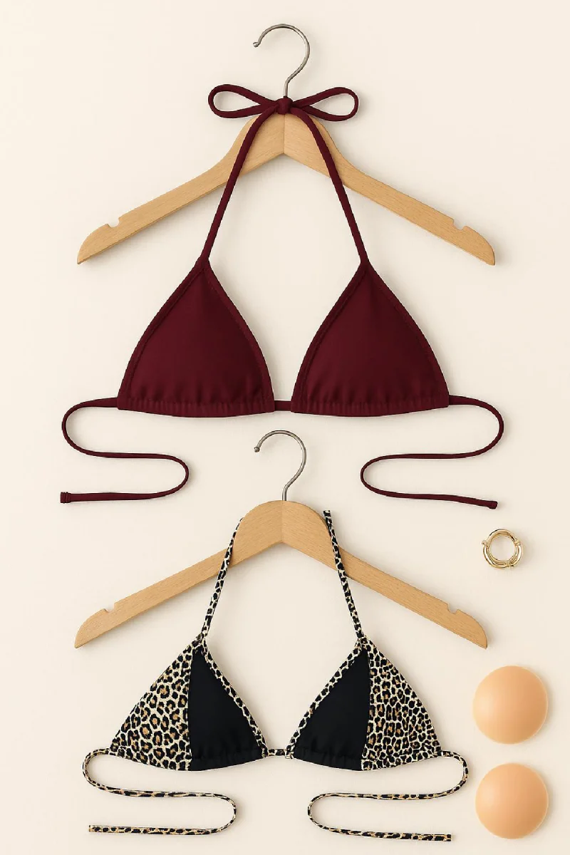 Kadın Leopar Desenli Ve Bordo Minimal Kesim Üçgen Bikini Üstü