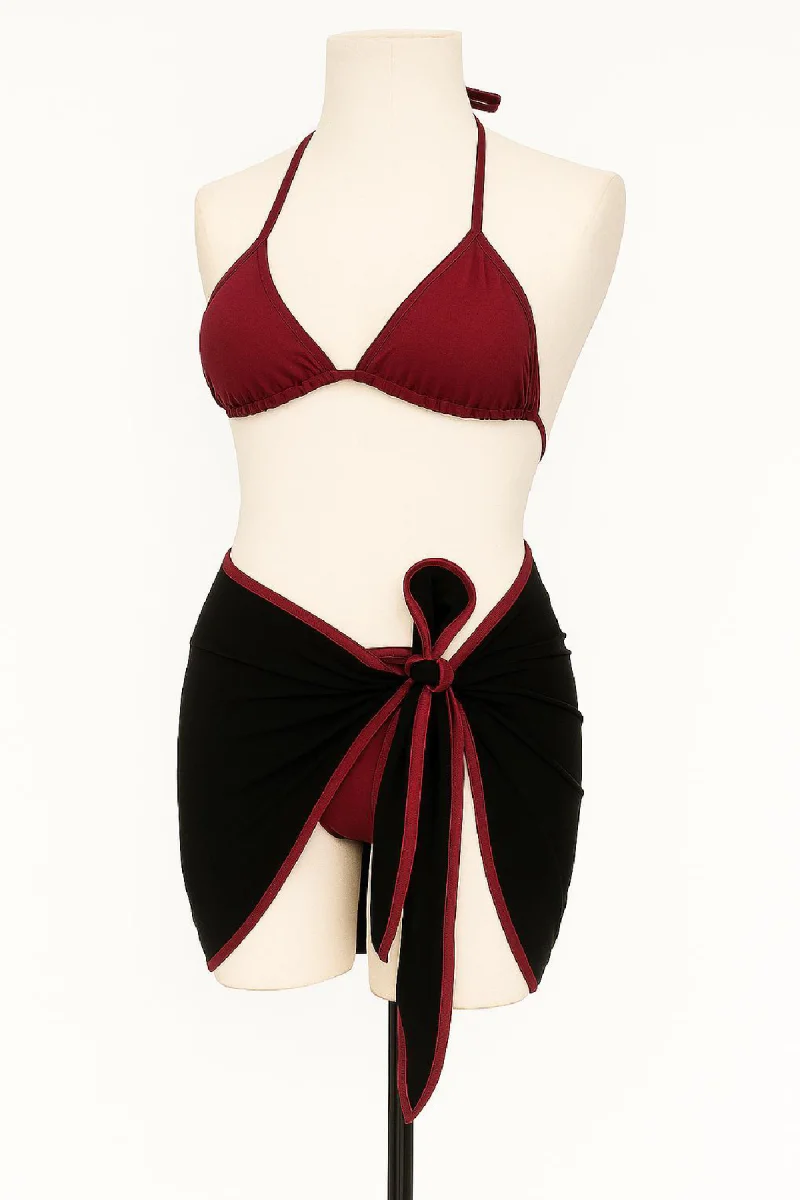 Kadın Bordo Siyah Pareolu Yandan Ve Boyundan Bağlamalı 3'lü Bikini Takımı