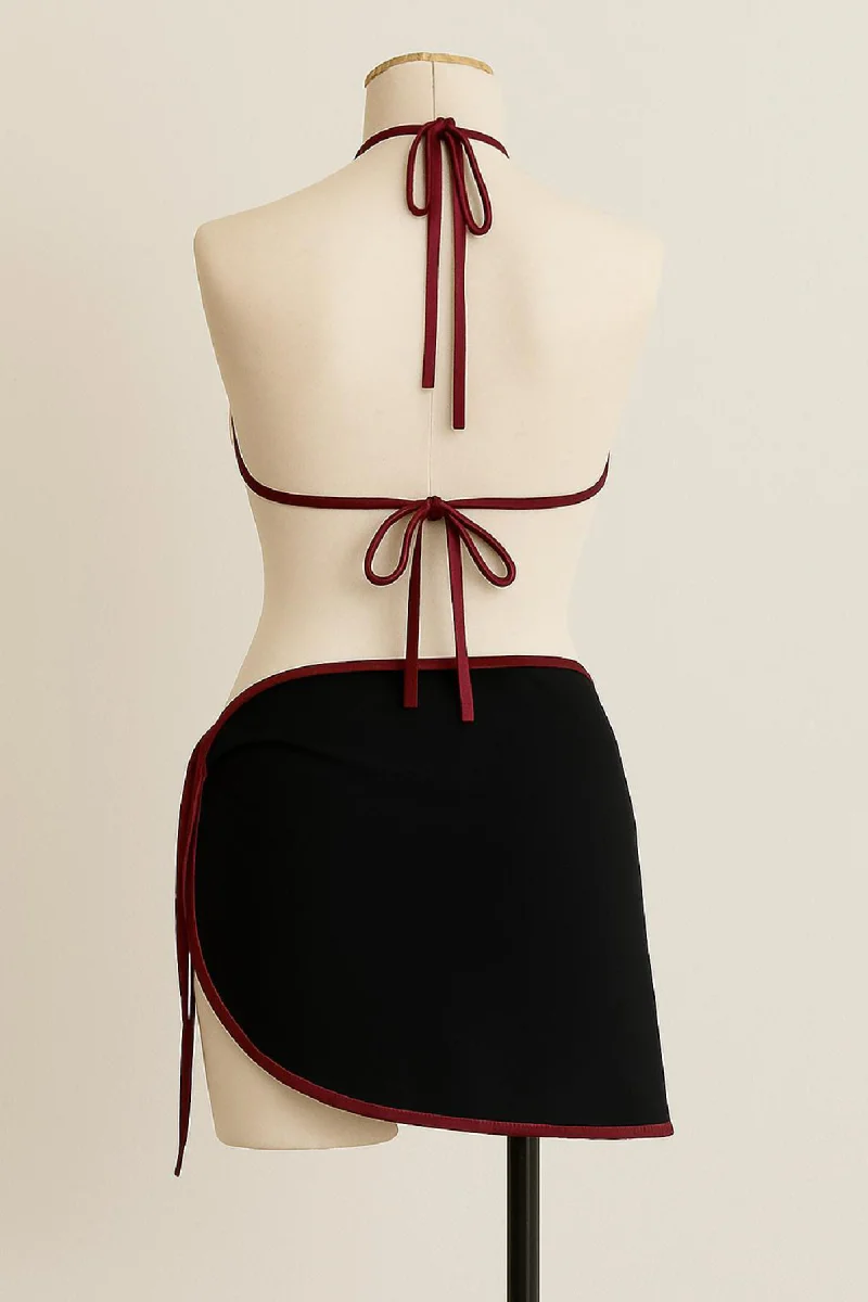 Kadın Bordo Siyah Pareolu Yandan Ve Boyundan Bağlamalı 3'lü Bikini Takımı