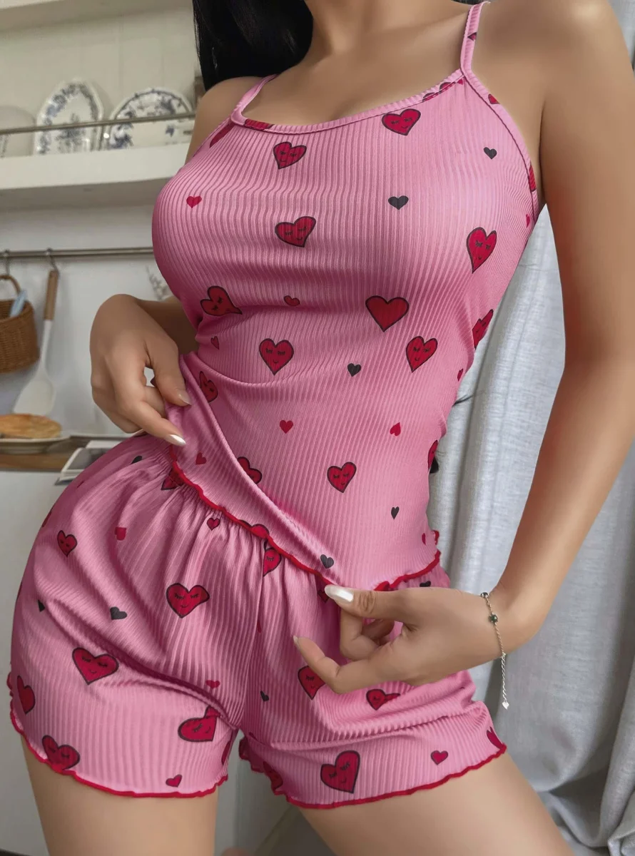Kadın Pembe Kalp Desenli Seksi Şortlu Takım 5103