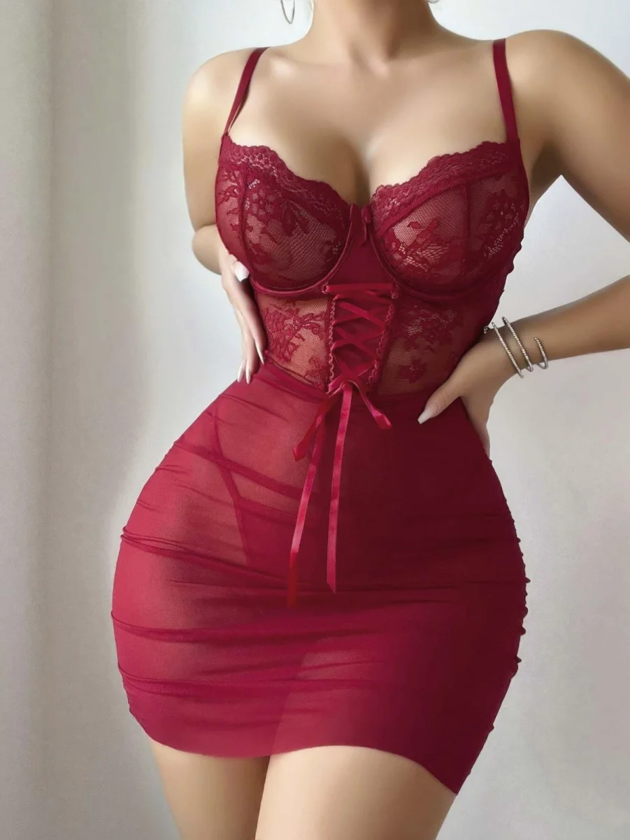 Kadın Kırmızı Fantazi Gecelik Tül Dantel Fiyonk Detaylı Askılı 2209