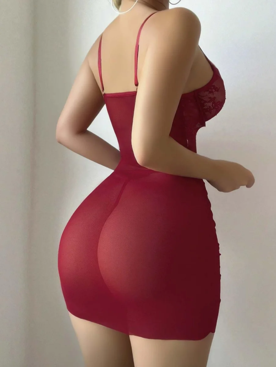 Kadın Kırmızı Fantazi Gecelik Tül Dantel Fiyonk Detaylı Askılı 2209