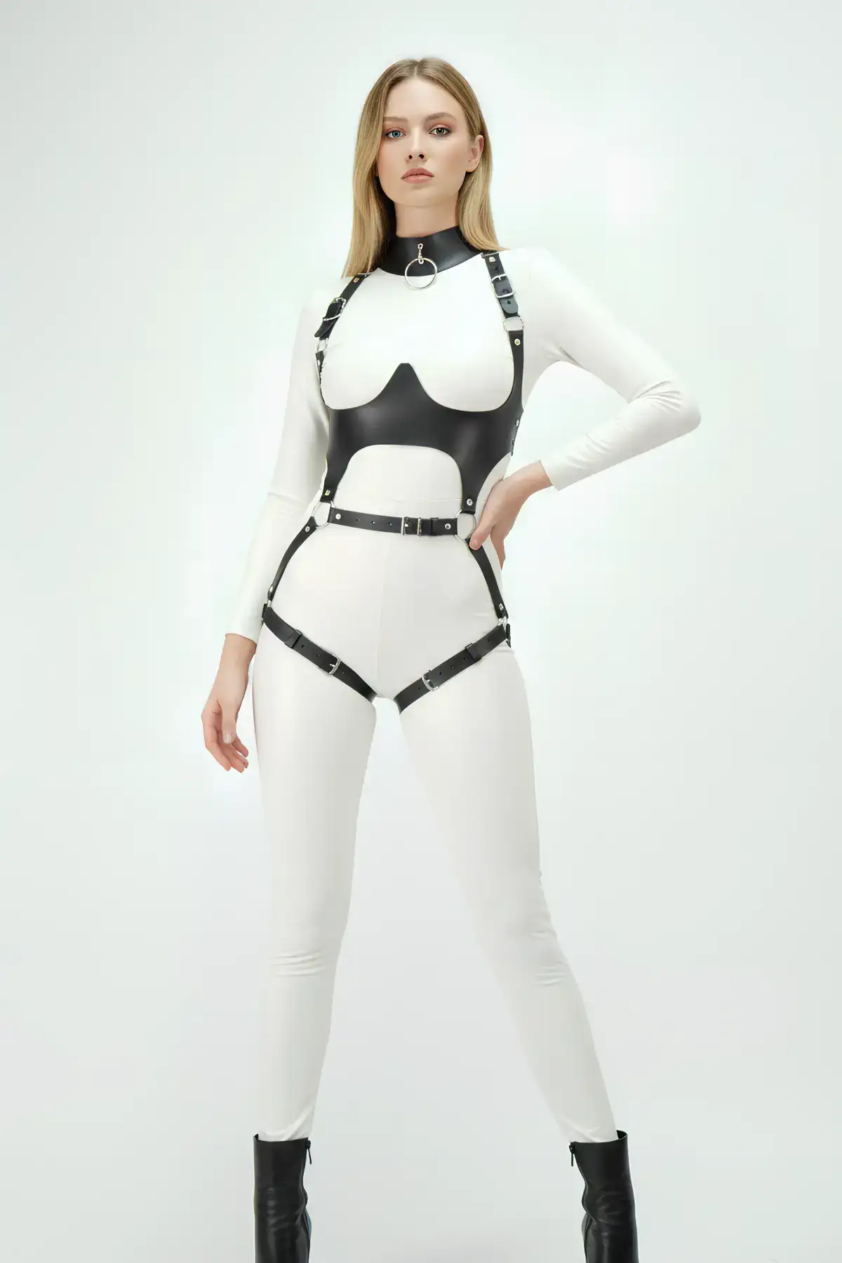 Deri Harness, Göğüs Altı Destekli Harness Takım, Deri Dansçı Kostüm - Brf1402