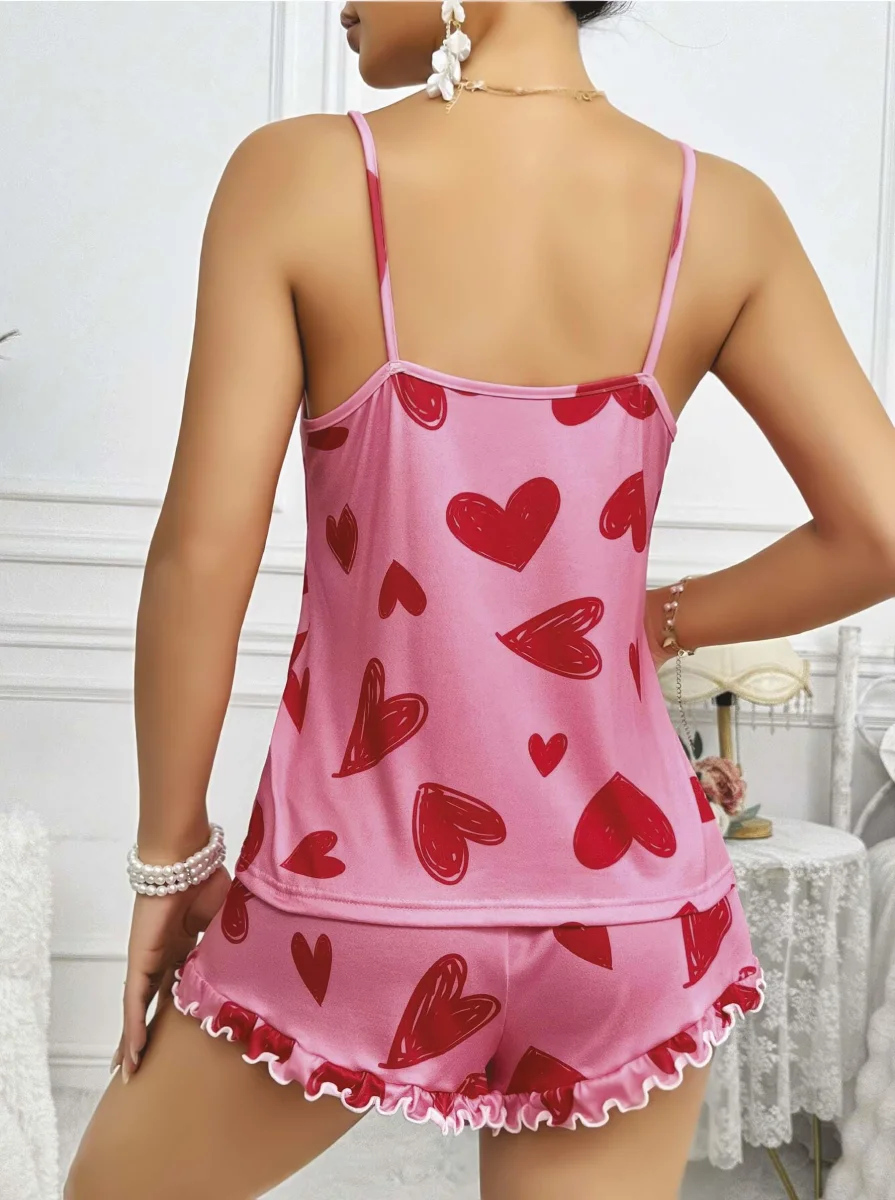 Kadın Pembe Kalp Baskılı Şortlu Gecelik Pijama Takımı 5050
