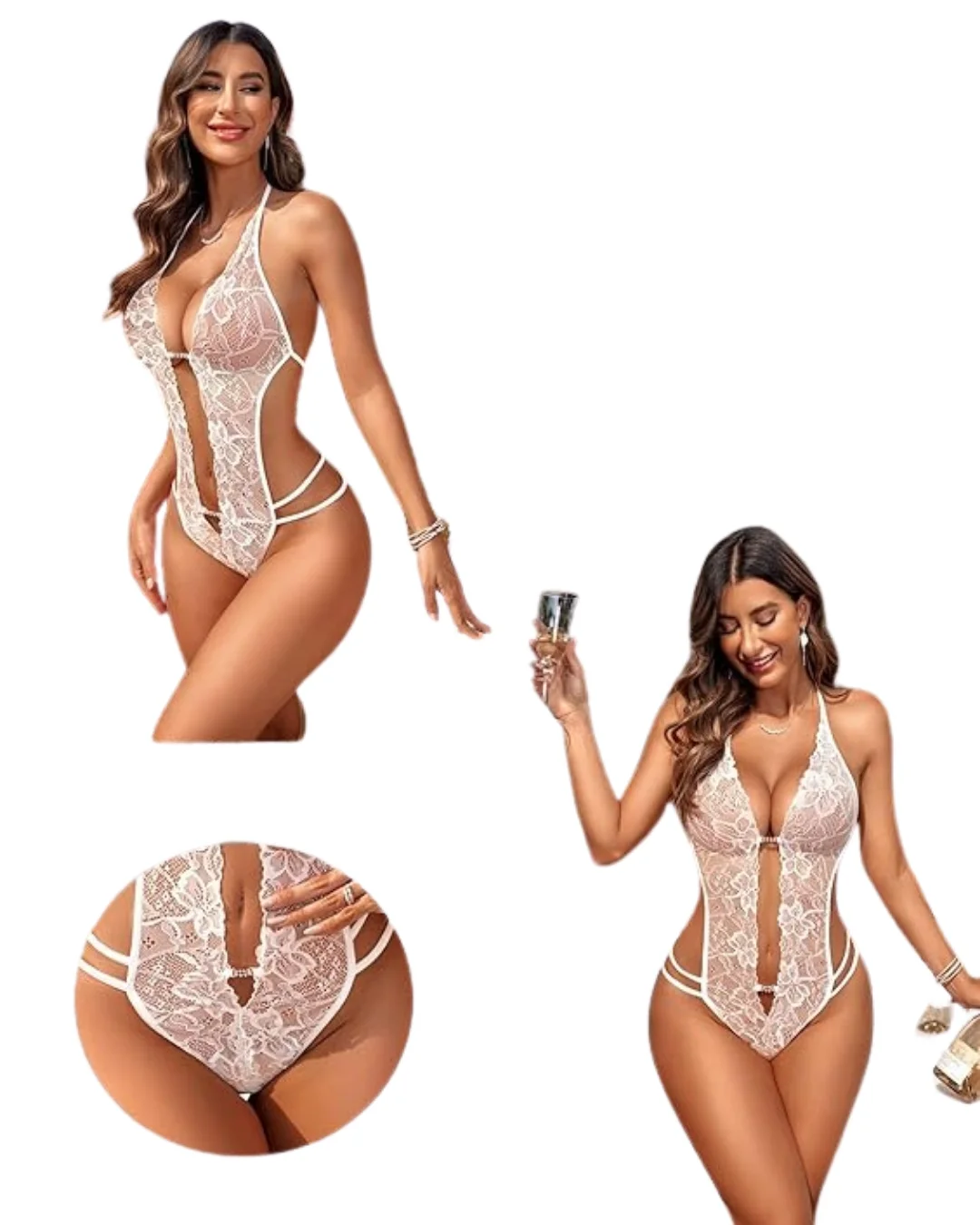 Fantezi Beyaz Dantelli Zincirli Seksi Babydoll