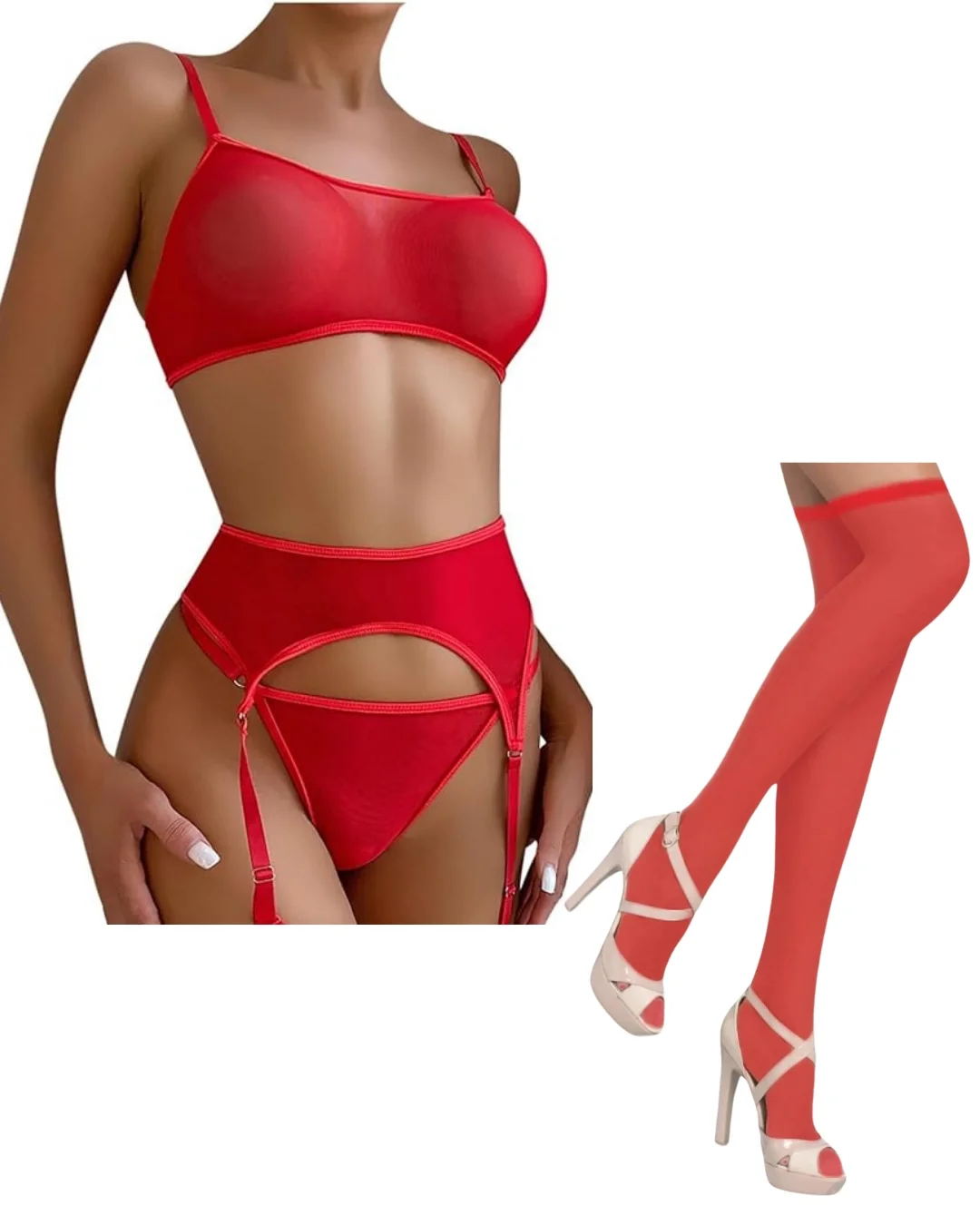 Fantezi Kırmızı Transparan Tül Jartiyer Takımı