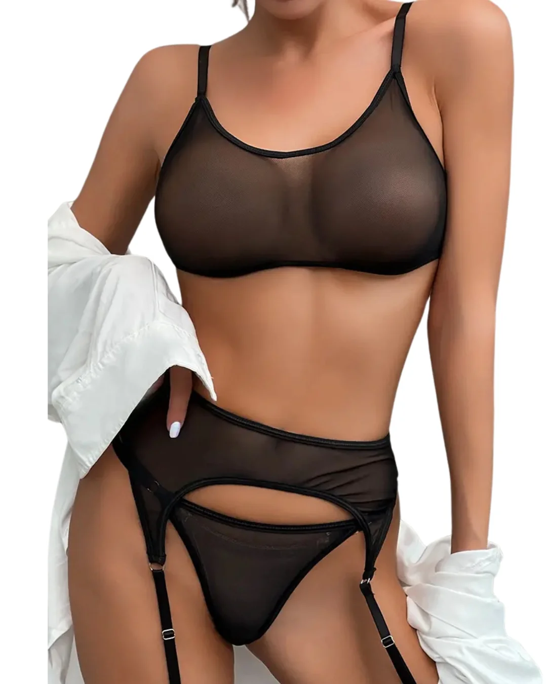 Fantezi Siyah Transparan Tül Jartiyer Takımı