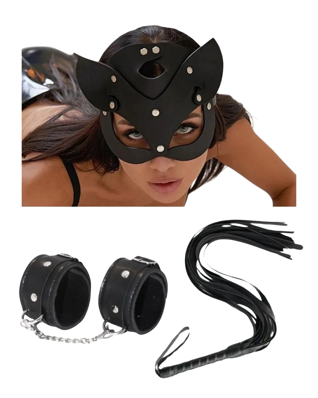 Fantezi Deri Seksi Siyah Kedi Maske Kelepçe Kırbaç Seti ( 3'lü Set)