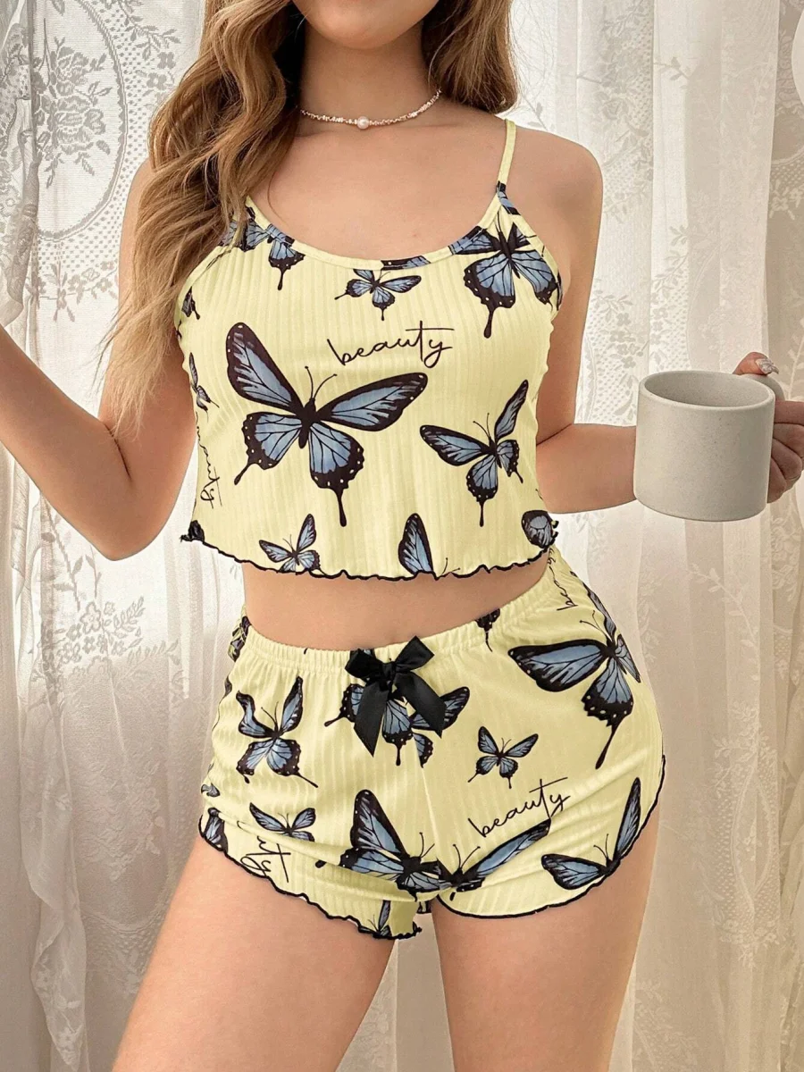 Kadın Sarı Kelebek Desenli Askılı Şortlu Ribana Pijama Takımı,rahat Ve Şık Ev Giyim,kadın Pijama