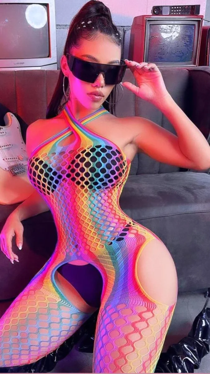 Gökkuşağı Desenli Fileli Fantezi Vücut Çorabı