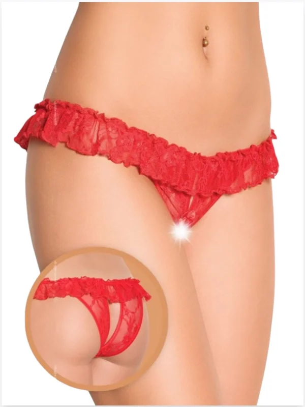 Fantezi Üstü Fırfırlı Ağı Açık Kırmızı Dantel Tanga - String