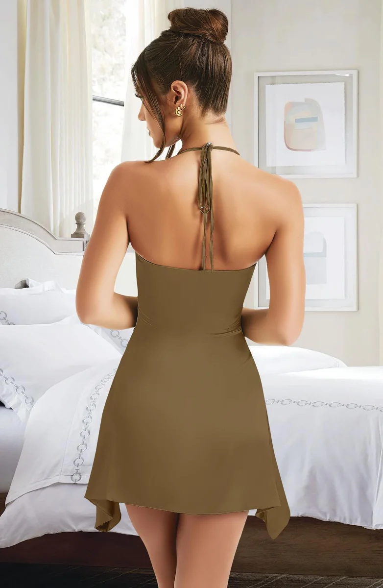 Özel Tasarım İnce Askılı Boyundan Bağlamalı Koyu Yeşil Mini Saten Gecelik