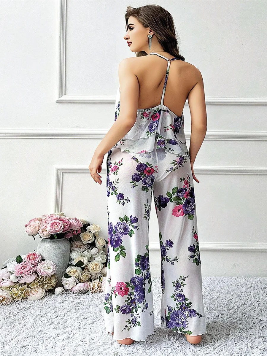 Özel Tasarım Büyük Beden Çiçek Desenli Fırfırlı 2'li Pijama Takımı