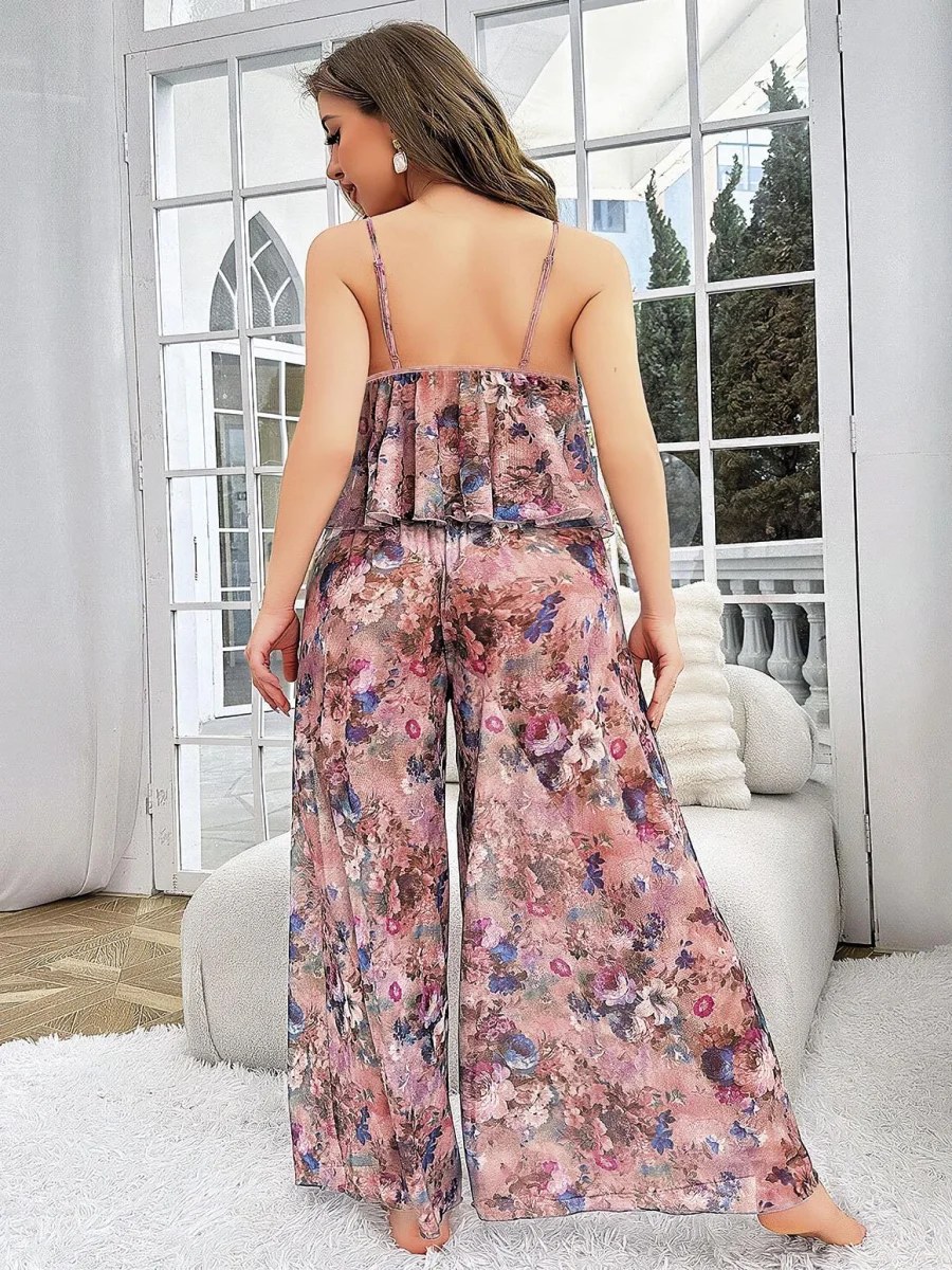 Özel Tasarım Büyük Beden Çiçek Desenli Bol Kesim 2'li Pijama Takımı