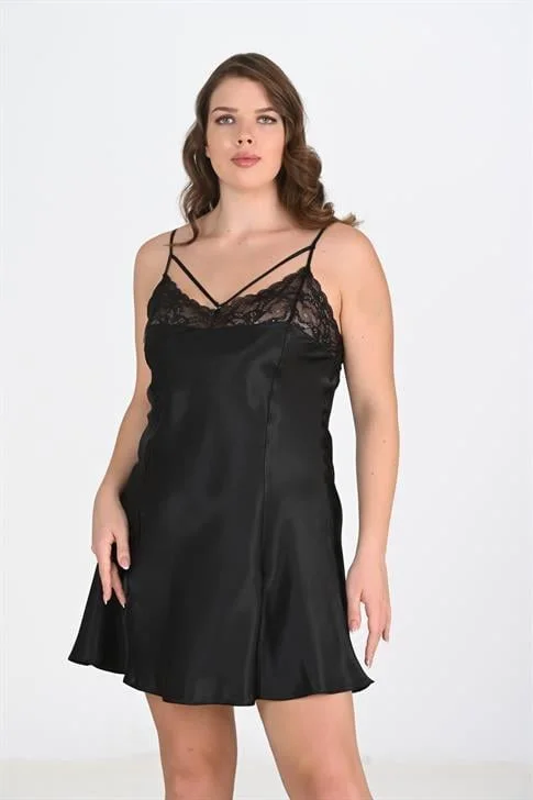 Premium Büyük Beden Saten Dantel İşlemeli Siyah Gecelik Bigsize