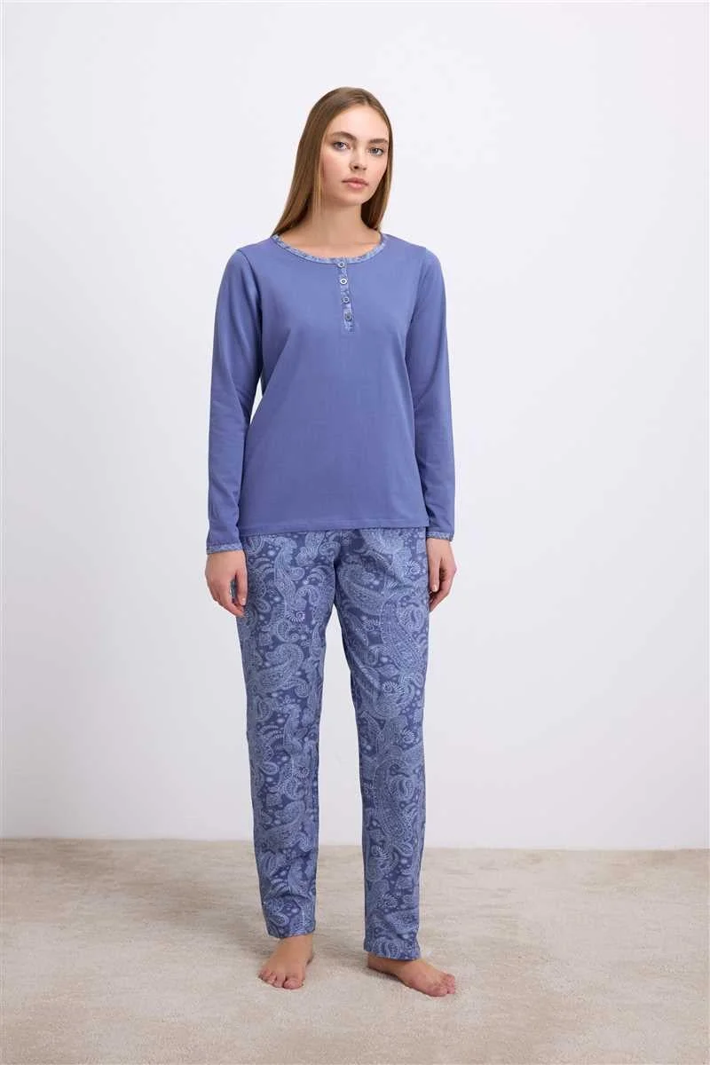 %95 Pamuklu Uzun Kollu T-shirt Ve Desenli Pantolon Pijama Takımı