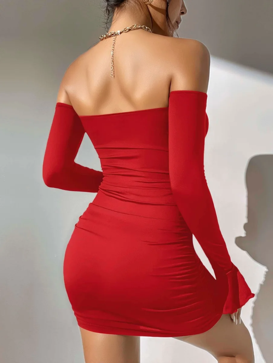 Kadın Kırmızı Dalgıç Kumaş İspanyol Kol Fantezi Elbise 5151