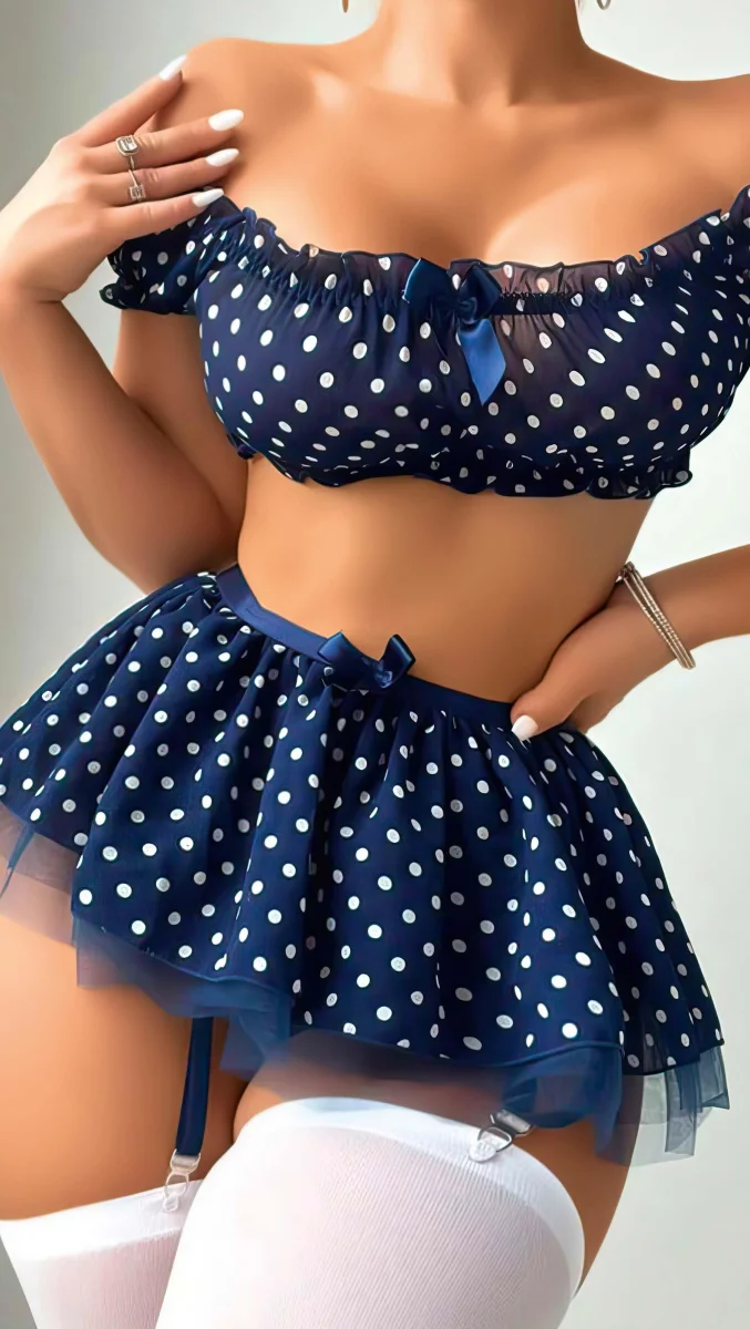 Lacivert Fırfır Etekli Puantiyeli Jartiyerli Fantezi Kostüm