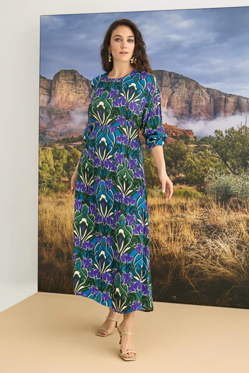 %100 Viskon Çiçek Desenli Saten Elbise