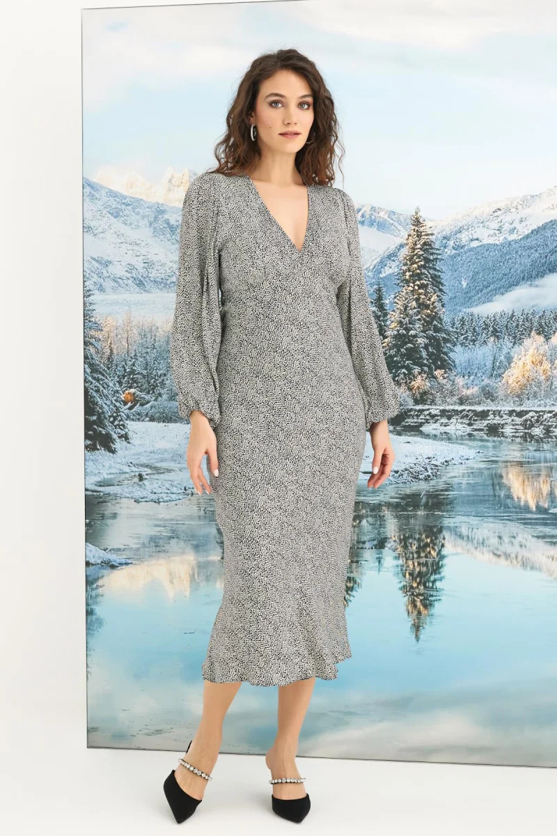 %100 Viskon Desenli Uzun Kollu Saten Elbise