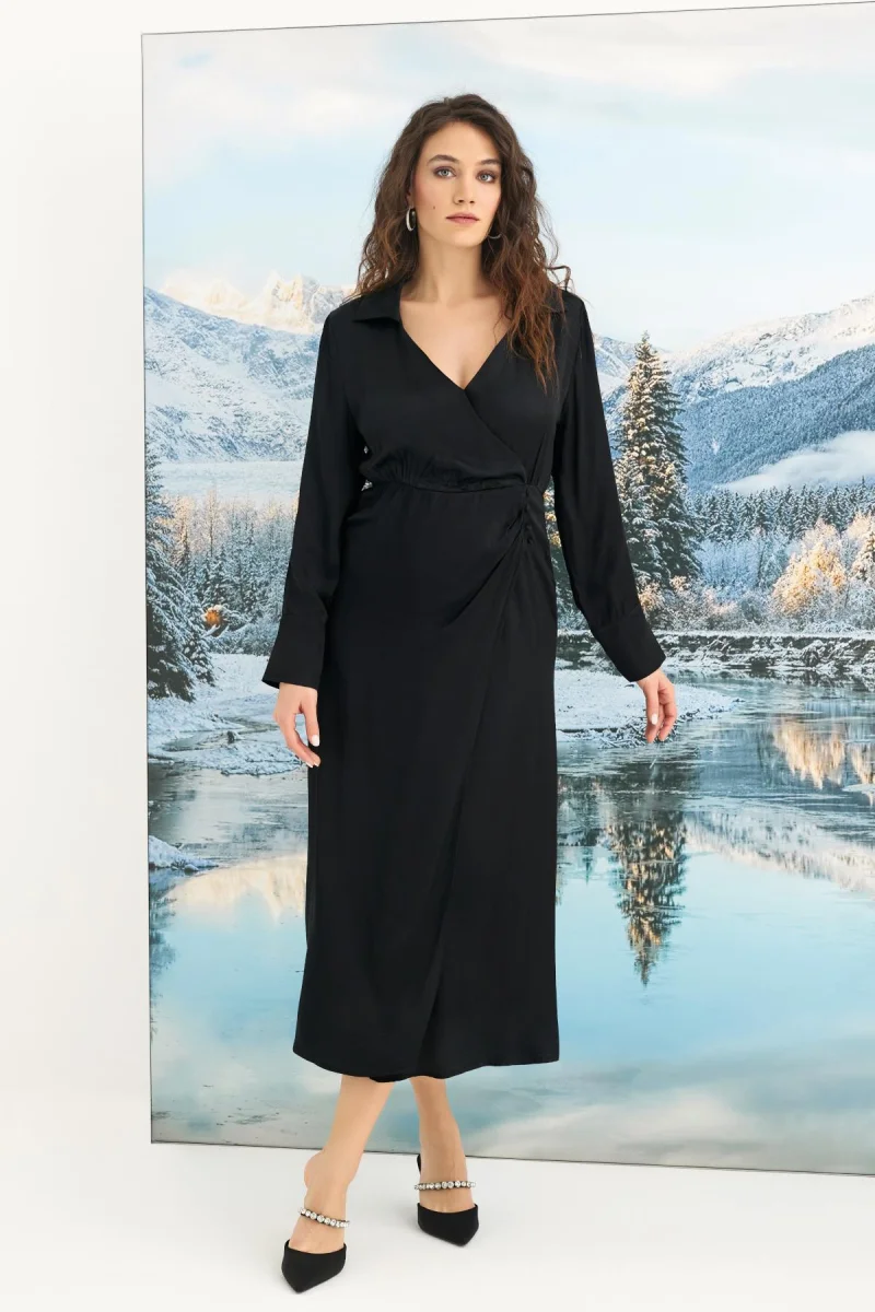 %100 Viskon Uzun Kollu Saten Elbise