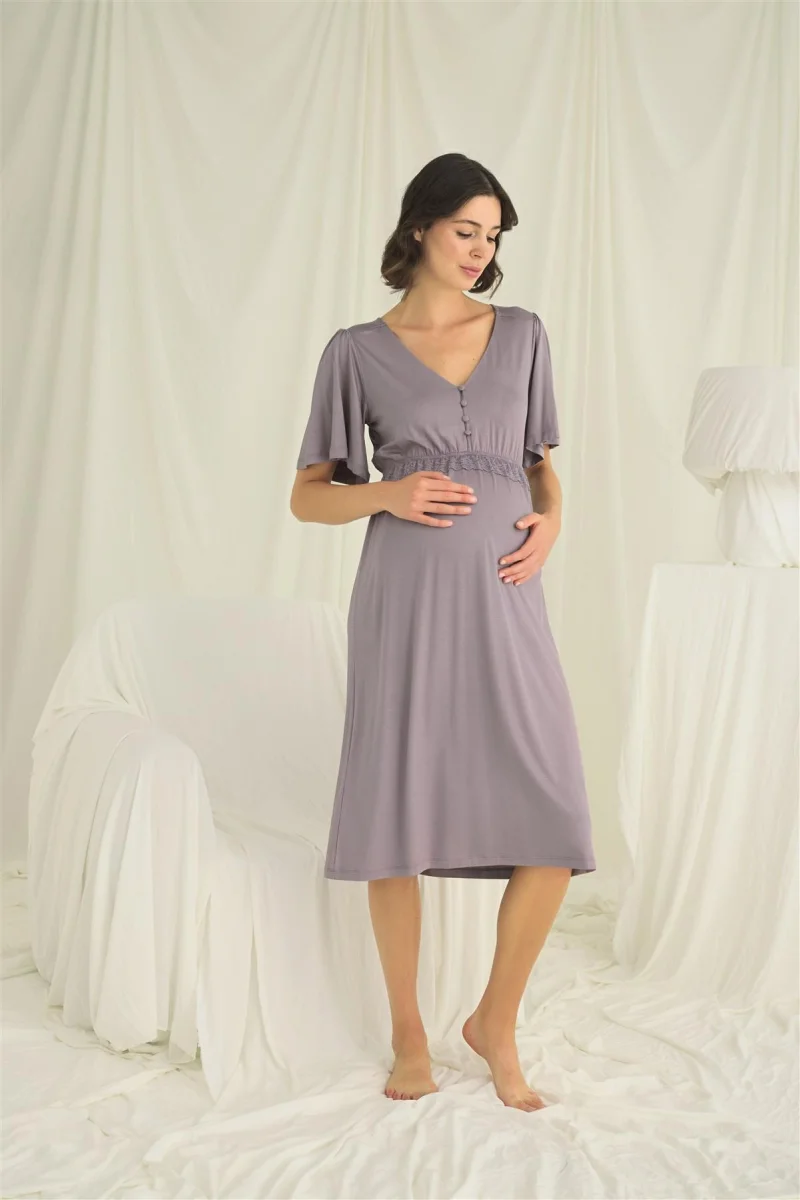 Dantelli Önden Düğmeli Hamile Lohusa Gecelik