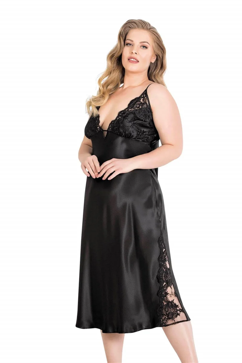 Büyük Beden Siyah Uzun İkili Saten Sabahlık Gecelik Takımı