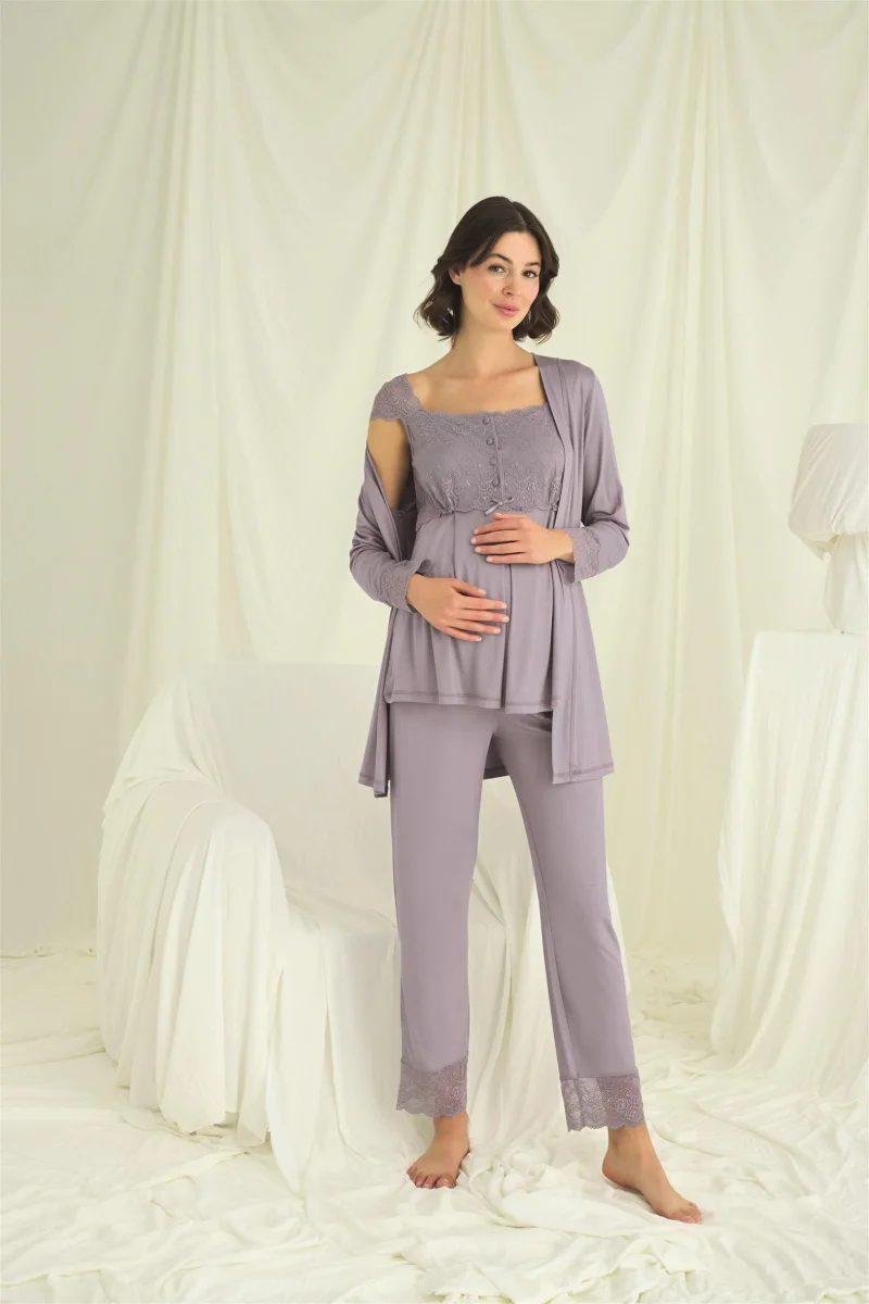 Dantelli Önü Düğmeli Hamile Lohusa 3'lü Pijama Takımı