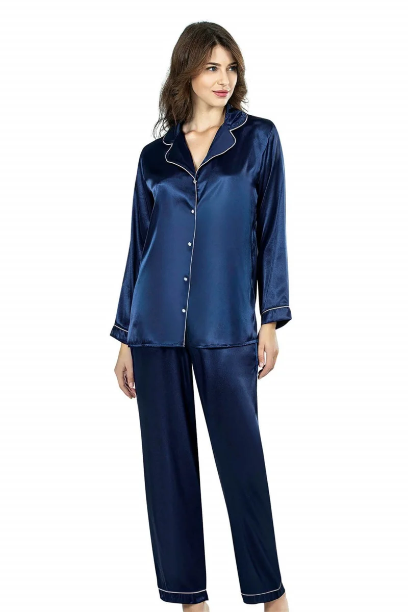 Lacivert İkili Saten Gecelik Pijama Takımı 7647