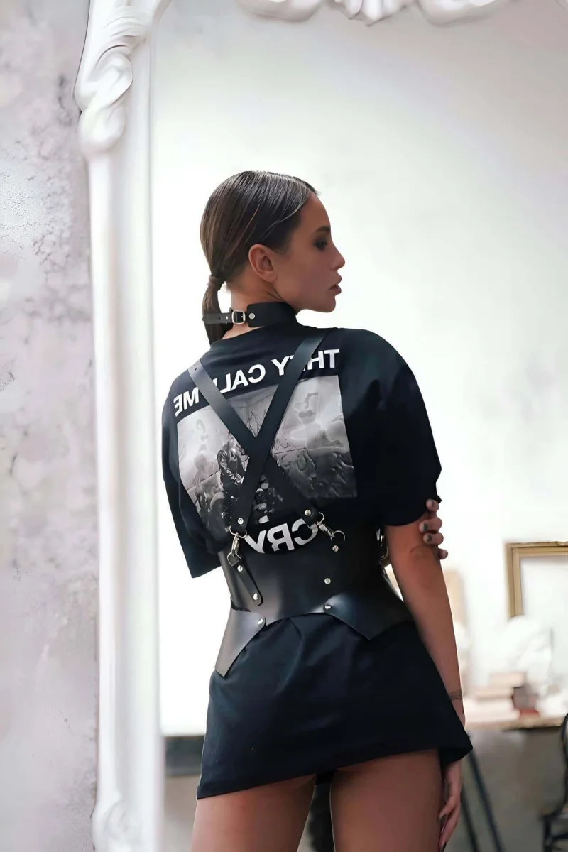 Elbise Ve T-shirt Üzeri Deri Şık Kemer Ve Choker Takım - Brf622