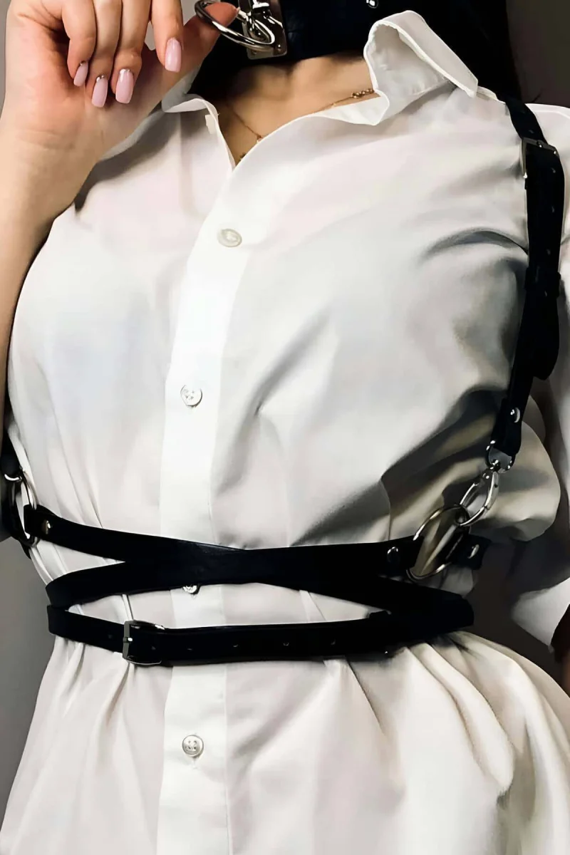 Belden Ayarlı Bağlamalı Deri Korse Kemer Ve Choker Tasma Takım - Brf644