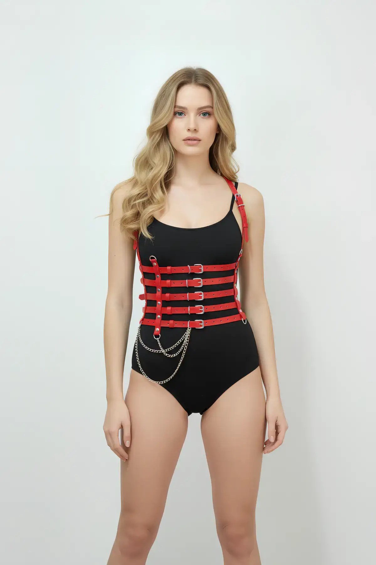 Zincir Detaylı 5 Sıralı Kırmızı Deri Kemer, Deri Korse Kemer - Brf626