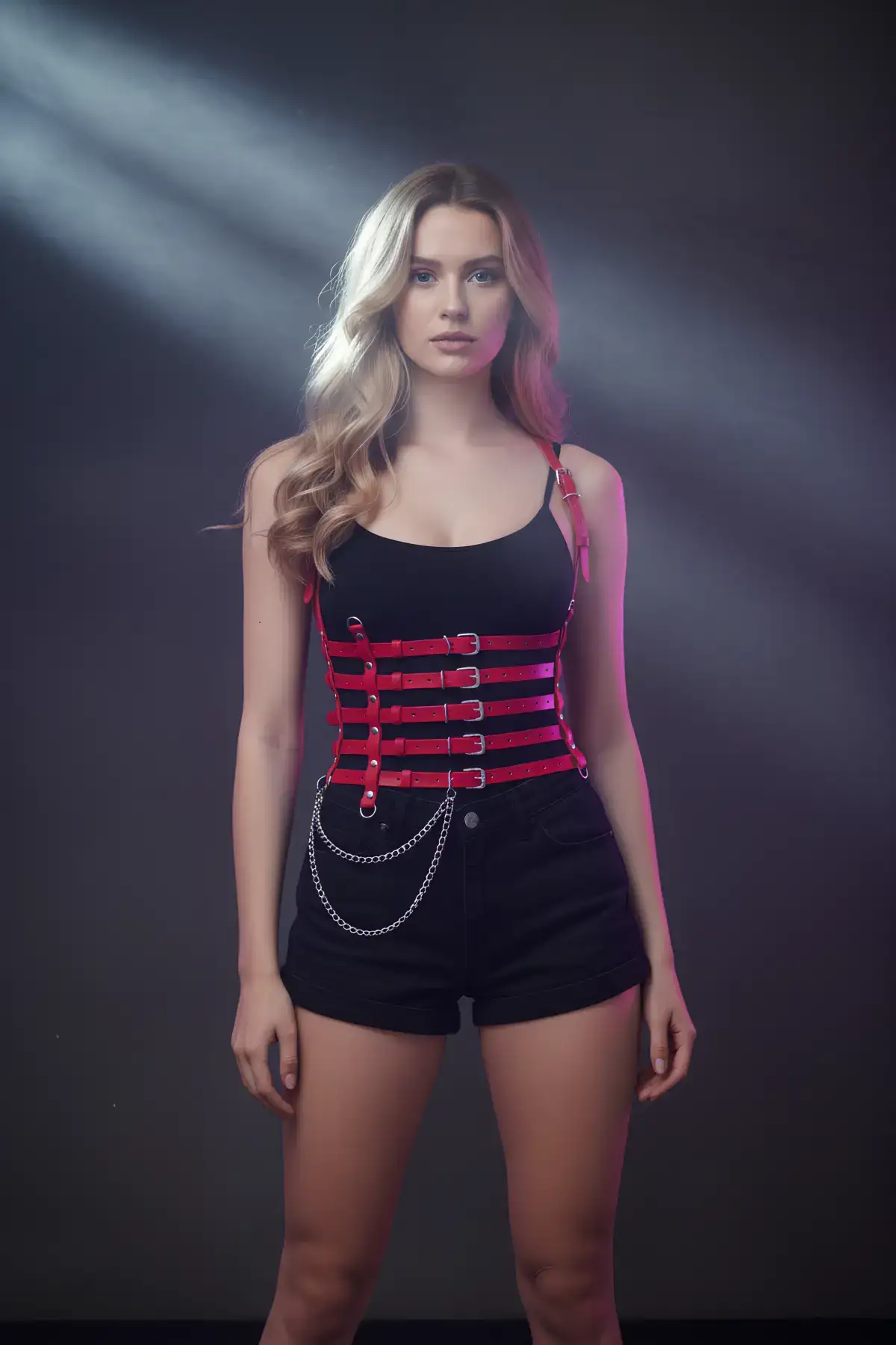 Zincir Detaylı 5 Sıralı Kırmızı Deri Kemer, Deri Korse Kemer - Brf626