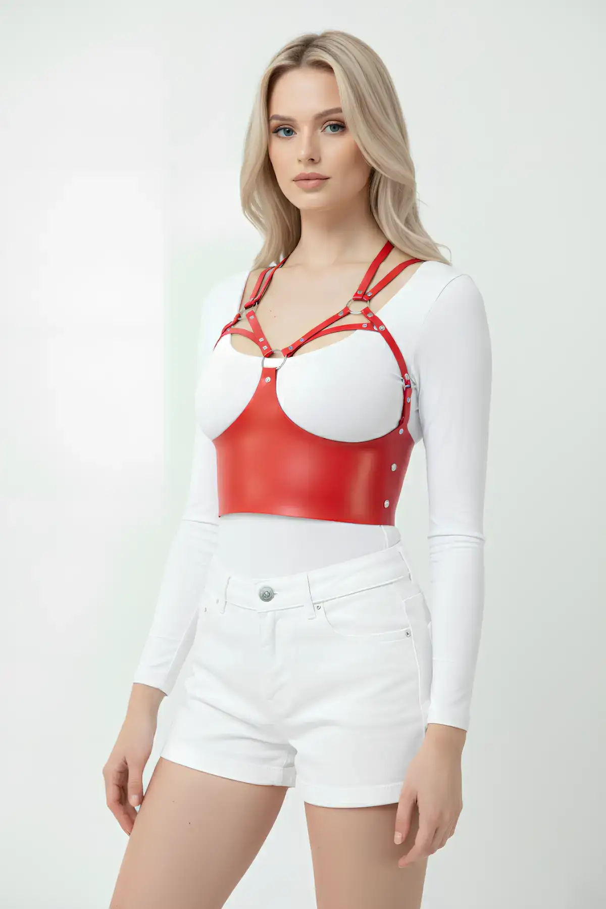 Göğüs Detaylı Deri Kırmız Harness Büstiyer, Şık Deri Korse - Brf872