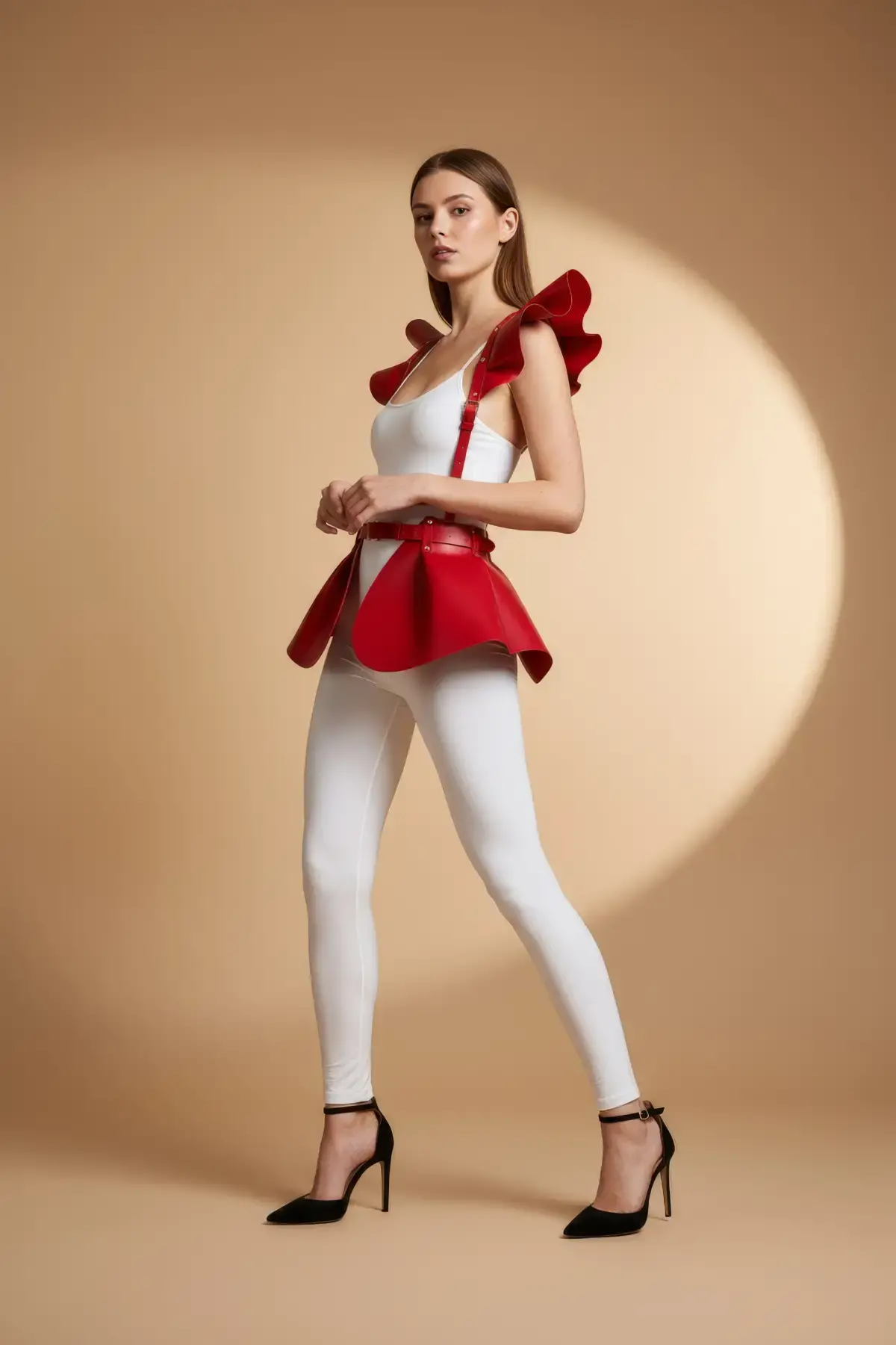 Kırmızı Etek Deri Volanlı Omuz Peplum - Brf1001