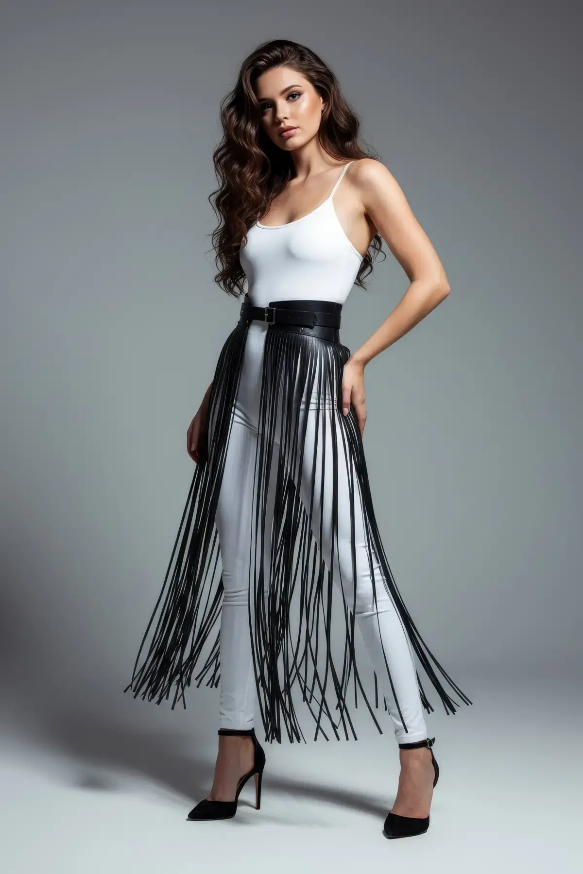 Siyah Etek Suni Deri Etek Püsküllü Uzun Yüksek Bel Etek - Brf1003